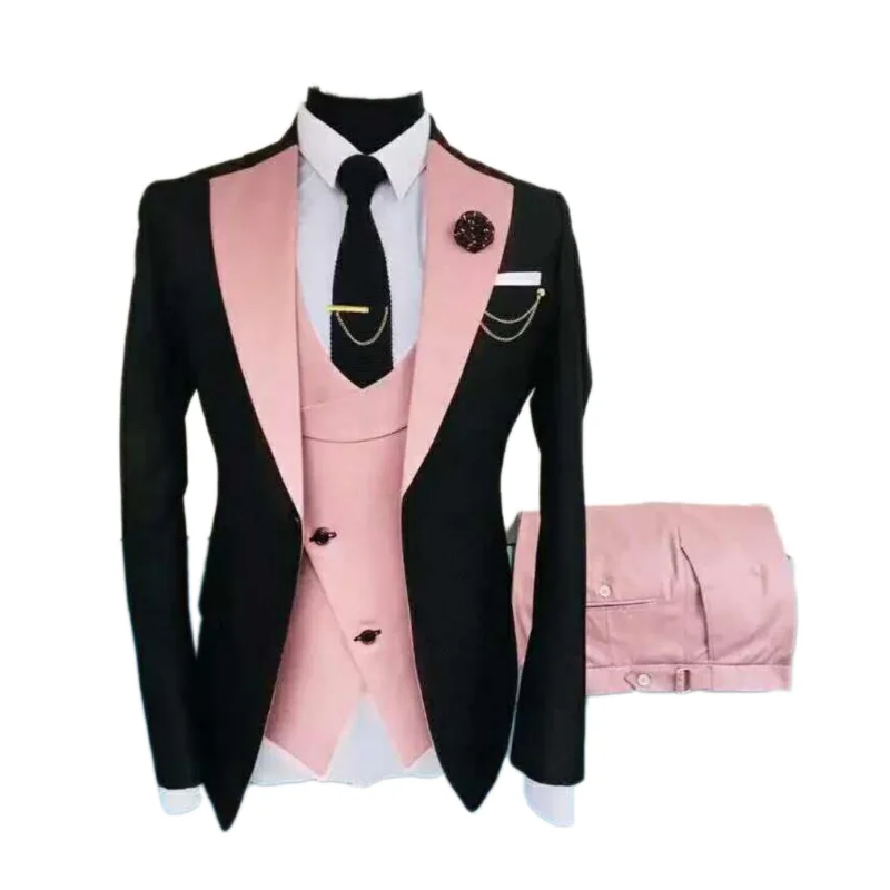 Color: Fuchsia, Size: S - Men Suits 3 Pieces Tailored Best Man Groom Wedding Tuxedo Slim Fit Jacquard Two-color Blazer Jacket Vest Pants Tuxedo Clothing