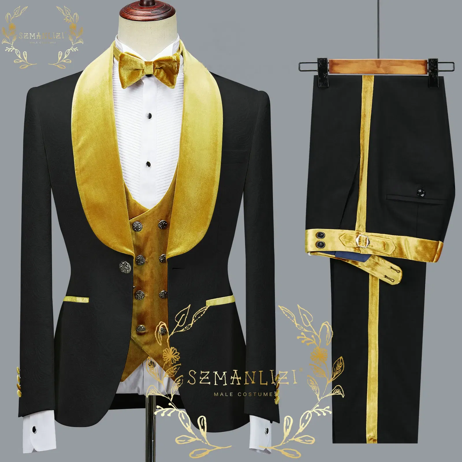 Color: army green, Size: S - SZMANLIZI 2022 Latest Designs Black Floral Party Blazer Men Suits Costume Homme Groom Tuxedos Wedding Terno Masculino 3 Pieces