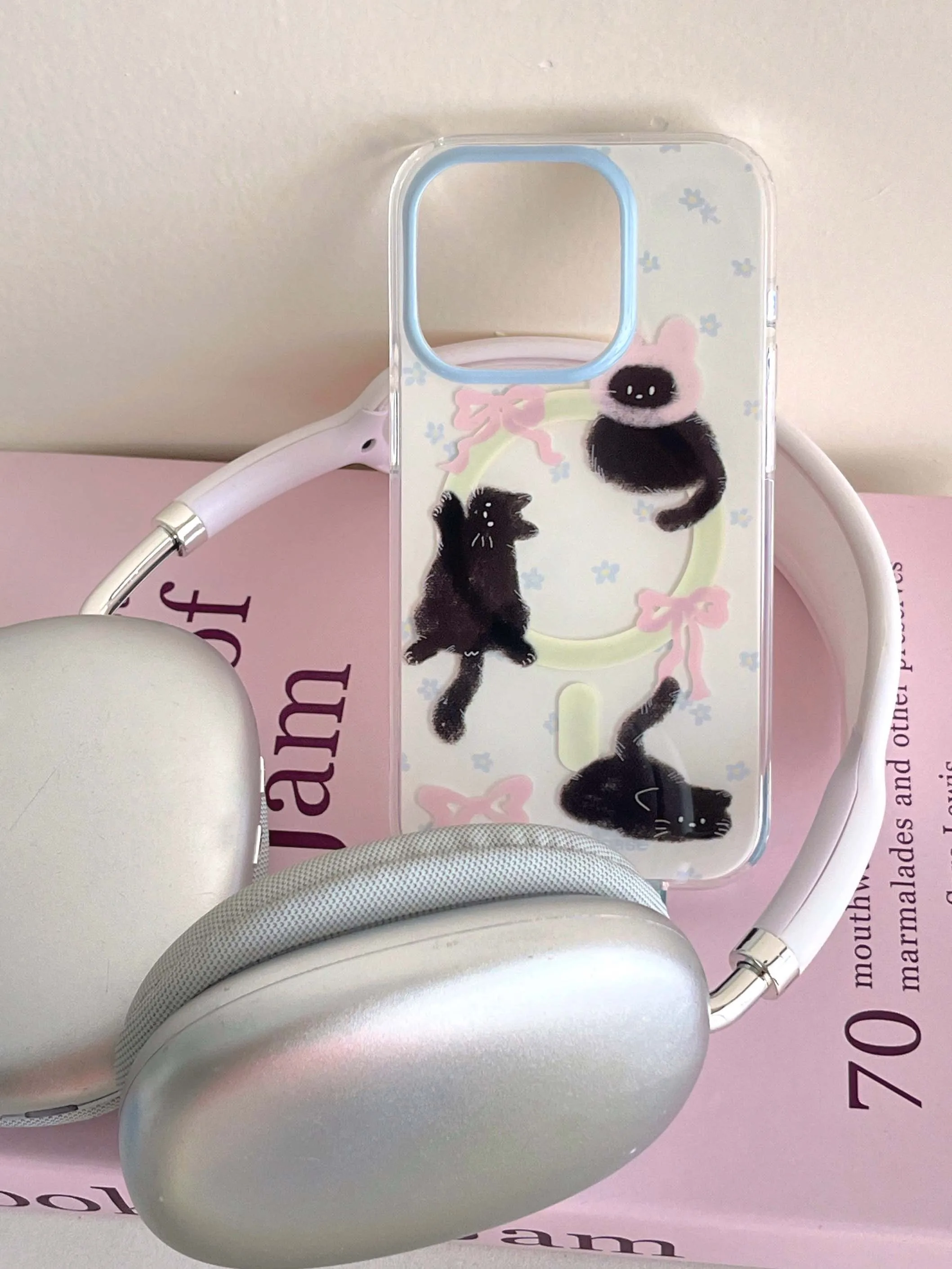 Color: Beige, Material: PU - Cute Black Cat, Pink Bow, Blue Flower Magnetic Card Holder Phone Case for IPhone 13 14 15 Pro Max 13Pro 16ProMax 14Pro 15Pro 12