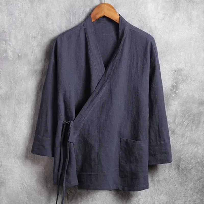 Color: Beige, Size: XXL - Plus Size M-6XL Pure Color Men's Tops 2024 New Cotton Linen Oblique Placket Long Sleeve Linen Hanfu chinese Clothing Kimono