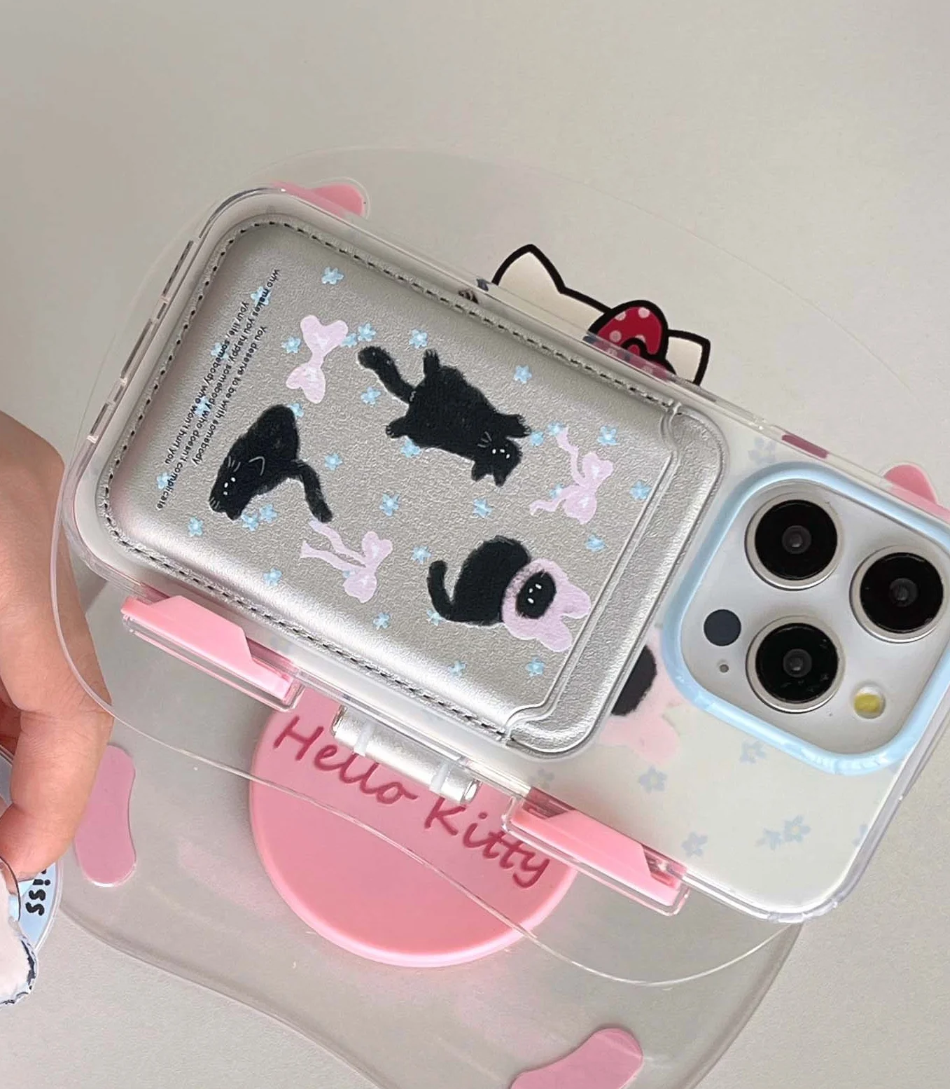 Color: black, Material: PC - Cute Black Cat, Pink Bow, Blue Flower Magnetic Card Holder Phone Case for IPhone 13 14 15 Pro Max 13Pro 16ProMax 14Pro 15Pro 12