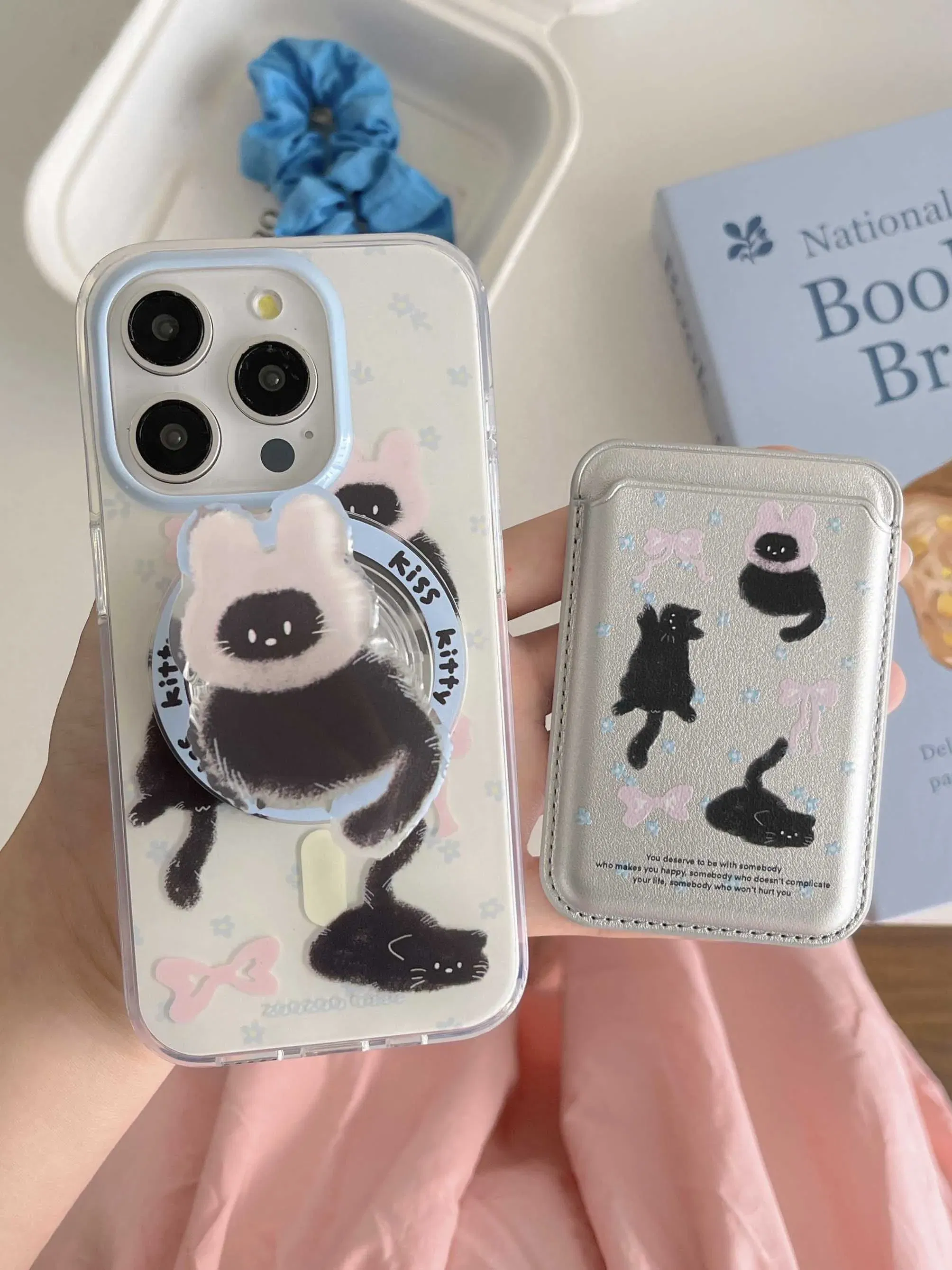 Color: black, Material: PC - Cute Black Cat, Pink Bow, Blue Flower Magnetic Card Holder Phone Case for IPhone 13 14 15 Pro Max 13Pro 16ProMax 14Pro 15Pro 12