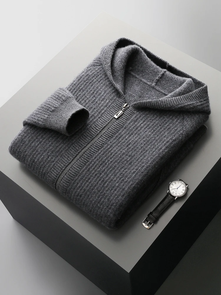 Color: Dark Grey, Size: XXL - Daily Clothes Autumn Winter Sweater Men's Coat 100% Merino Wool Sweater Cardigan Knitted Jacket Thicked Hooded Outerwears Trend