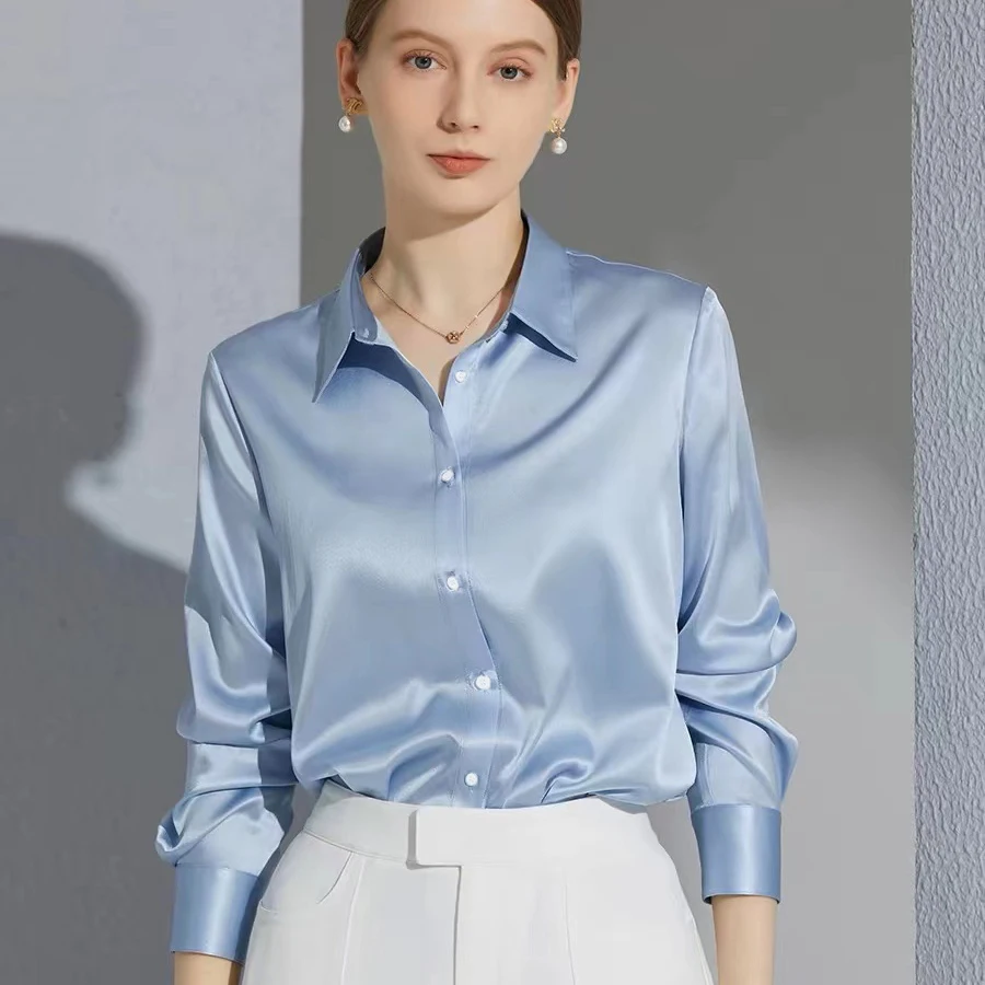 Color: Gold, Size: M - All-match Satin Finish Shirts And Blouses Women Clothing Casual Top OL Long Sleeve Button Elegant Shirts French Solid Blouses