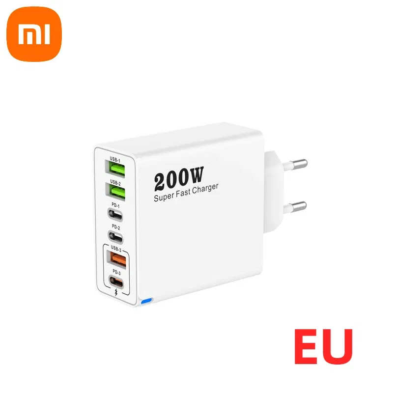 Plug Type: CH - Xiaomi 200W Super Fast Charging 6 Port USB C Charger PD3.0 USB C Type C Mobile Phone Charger For iPhone 16 Samsung Xiaomi ipad