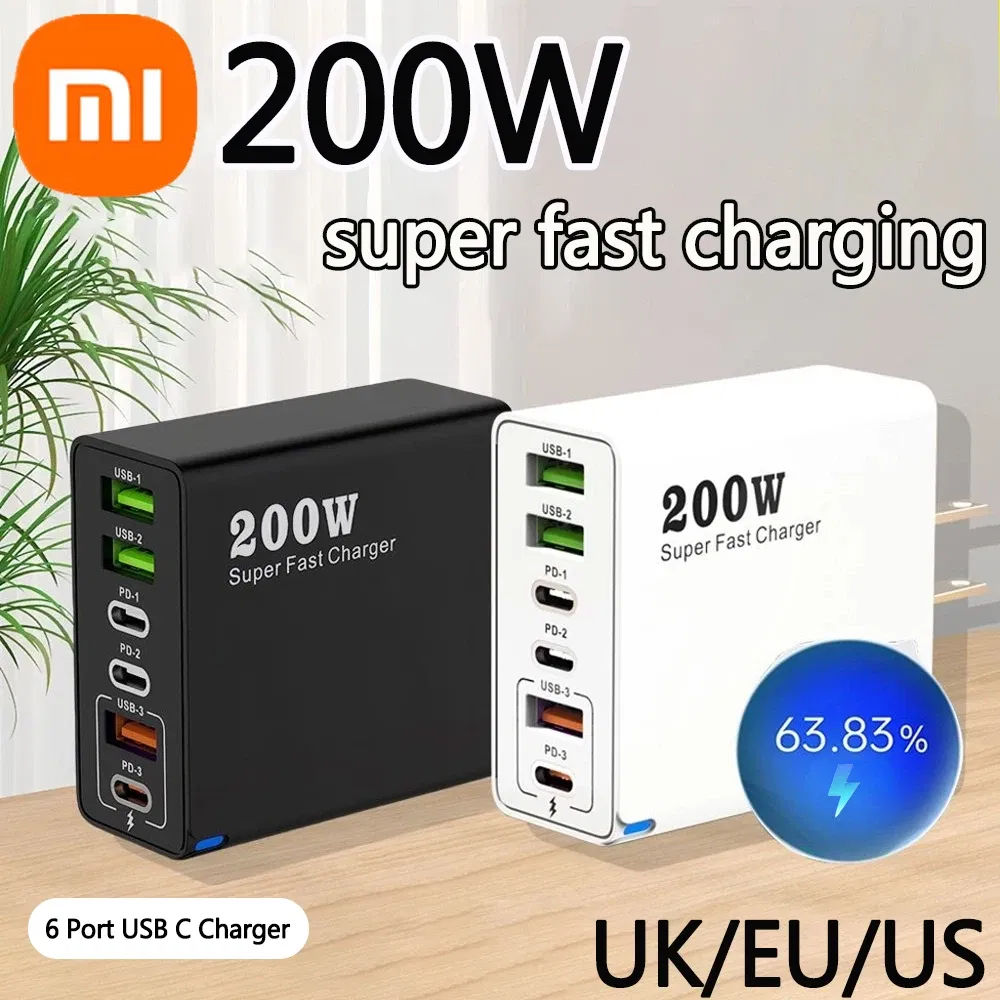 Plug Type: CH - Xiaomi 200W Super Fast Charging 6 Port USB C Charger PD3.0 USB C Type C Mobile Phone Charger For iPhone 16 Samsung Xiaomi ipad