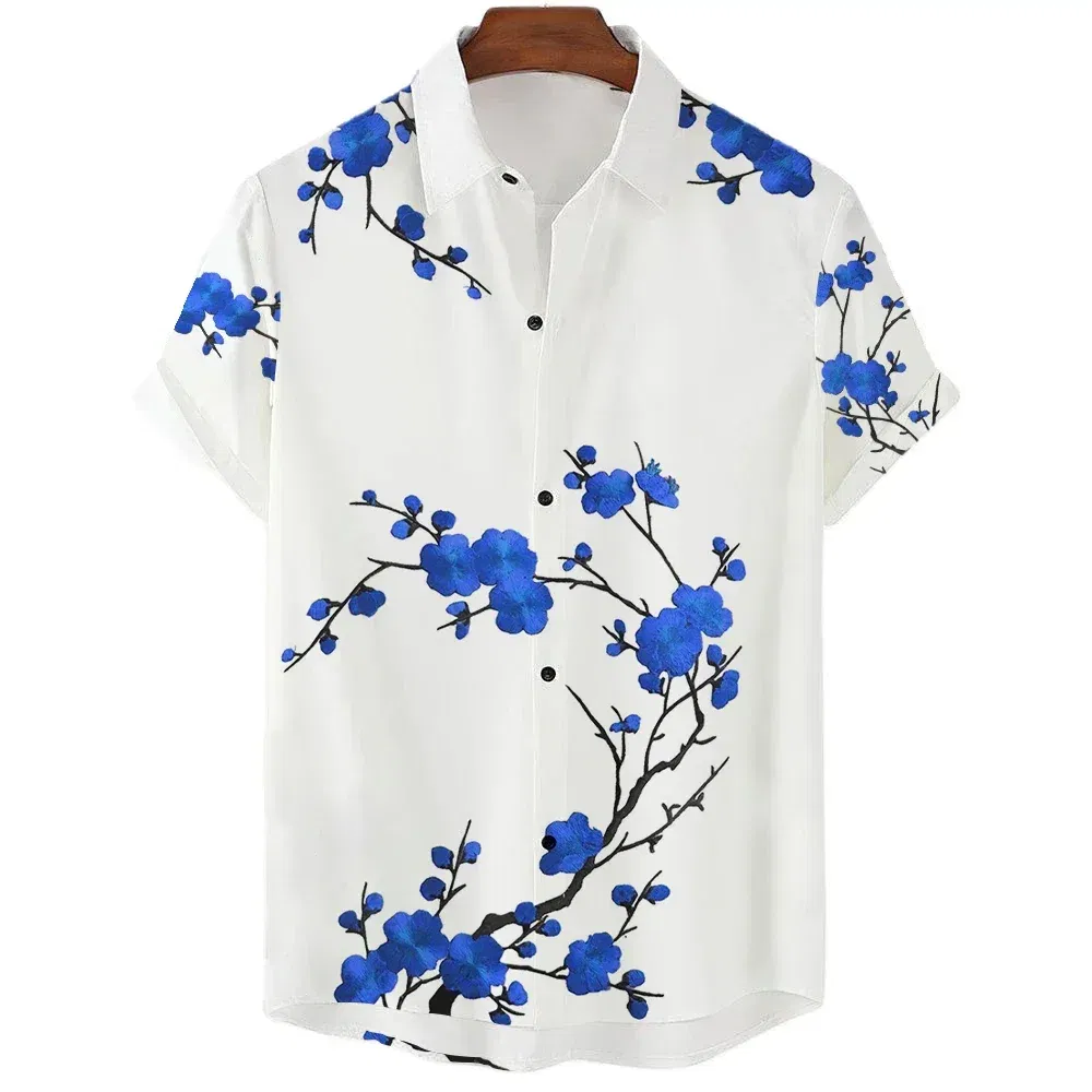 Color: Red, Size: 4XL - Fashionable Luxury Social men's Shirt Lapel button-down Shirt Casual Japanese Aesthetic Cherry Blossom Print short-sleeved Tops