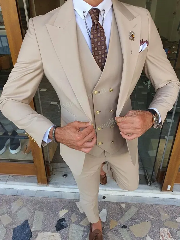 Color: Beige, Size: XL, Ships From: CHINA - 3 Pieces New White Men's Suit 2022 Peak Lapel Slim Fit Casual Tuxedos Groom Tailor Made Terno Masculino (Blazer+Pants+Vest)