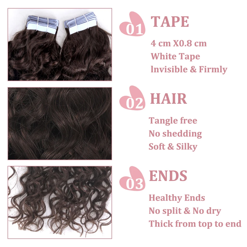 Color: #4, Length: 20 INCHES, Items per Package: 20 pcs - Water Wave Tape in Human Hair Extensions 2g/pcs Dark Brown Real Human Hair Adhesive Invisible Keratin Hair Extensions for Women