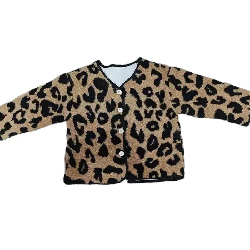 Color: Beige, Kid Size: 2T - Girls jacket leopard print V-neck plus velvet padded jacket cotton-padded jacket 2024 new winter