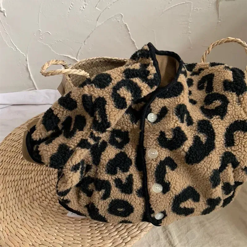 Color: Beige, Kid Size: 2T - Girls jacket leopard print V-neck plus velvet padded jacket cotton-padded jacket 2024 new winter