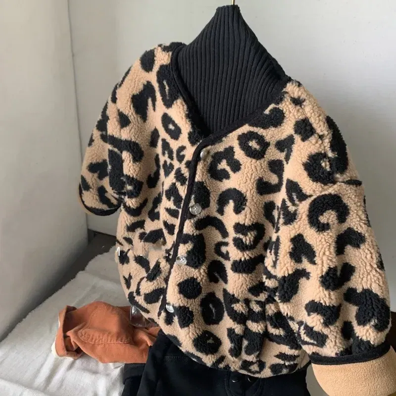 Color: Beige, Kid Size: 2T - Girls jacket leopard print V-neck plus velvet padded jacket cotton-padded jacket 2024 new winter