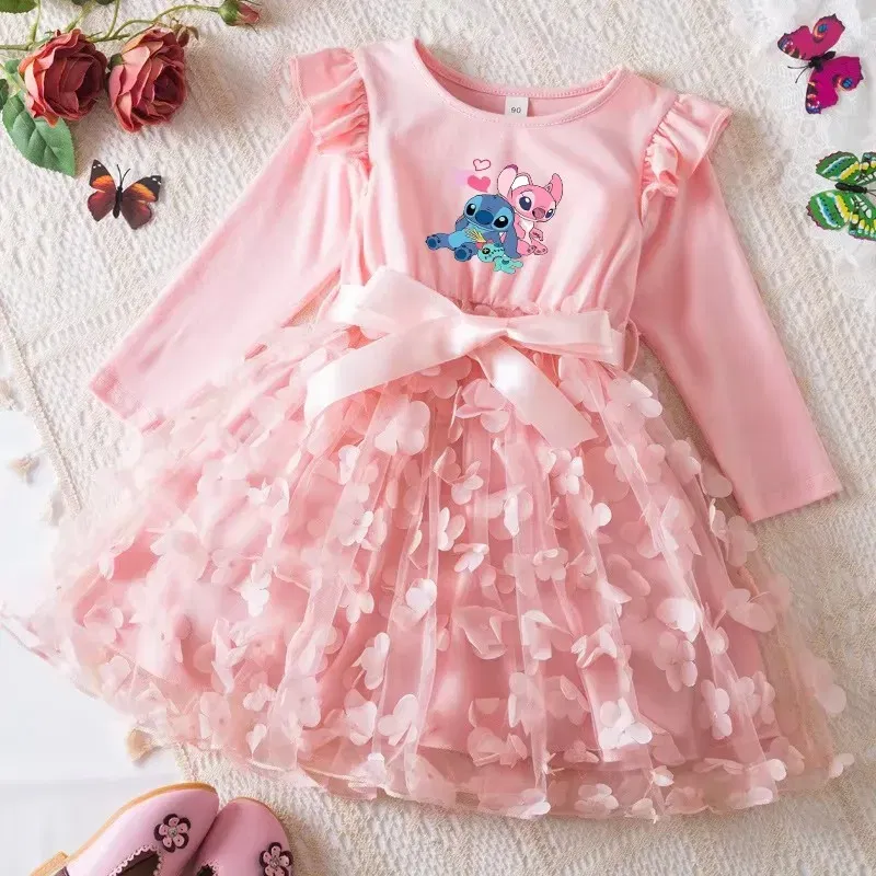 Color: Mint, Size: One Size, Height: 164 - Lilo Stitch Girl Baby Dresses Spring Autumn Child Long Sleeve Sweet Princess Dress Mesh Newborn Casual Dress Birthday Party 2-6Y