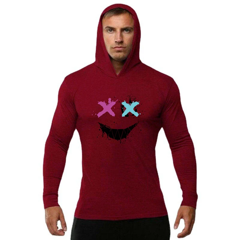 Color: WHITE, Size: L - Trendy Personality Funny XX Smile Face Hoodie Mens Slim Fit Running Long Sleeve Cotton Shirt Gym Training Fitness Hooded T-Shirt