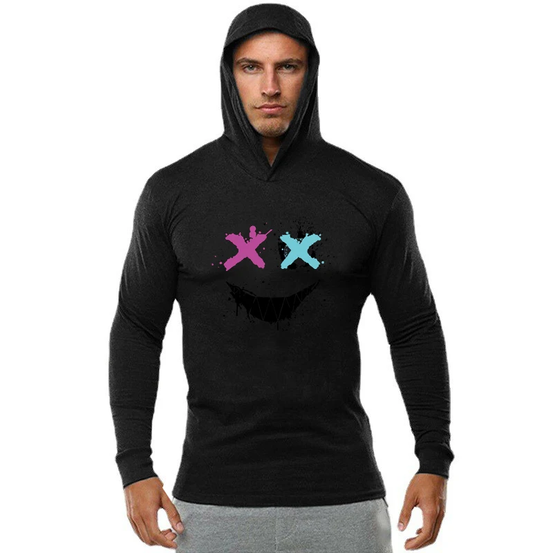 Color: WHITE, Size: L - Trendy Personality Funny XX Smile Face Hoodie Mens Slim Fit Running Long Sleeve Cotton Shirt Gym Training Fitness Hooded T-Shirt