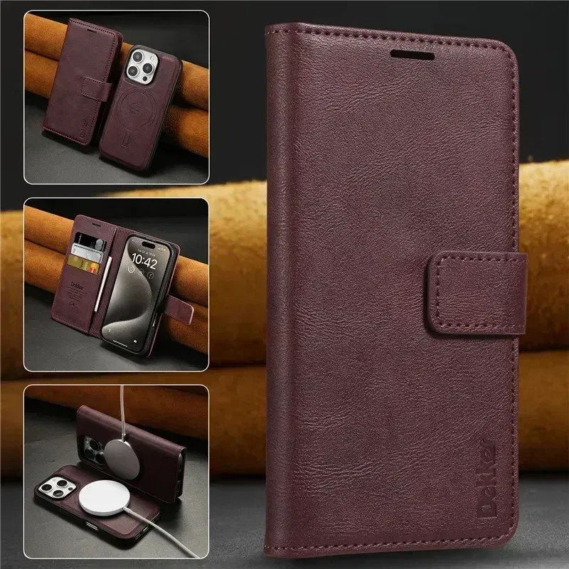 Color: Red, Material: Wood - 2 in 1 MagSafe Wallet Case for IPhone 16 Promax 15 Plus 14 Pro Max 13 12 Iphone16 Magnetic Wireless Charging Phone Cover