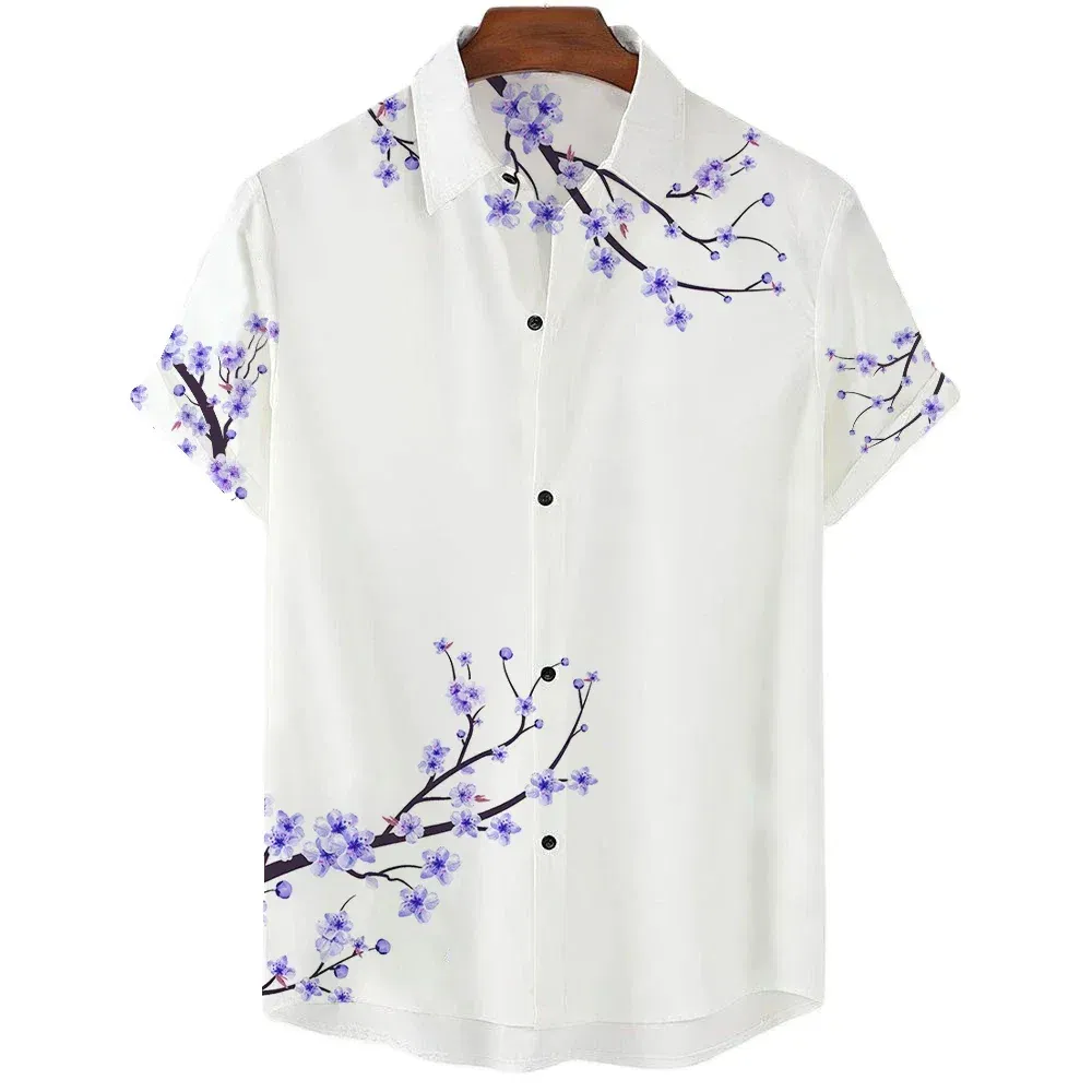 Color: Fuchsia, Size: 4XL - Fashionable Luxury Social men's Shirt Lapel button-down Shirt Casual Japanese Aesthetic Cherry Blossom Print short-sleeved Tops