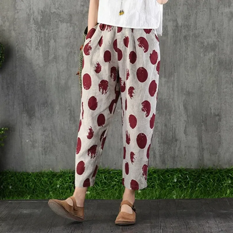 Color: black, Size: L - Cotton and Linen Pants for Women Summer Printing Harem Pants Female Mother Loose Retro Fashion Women's Ankle Length Pants