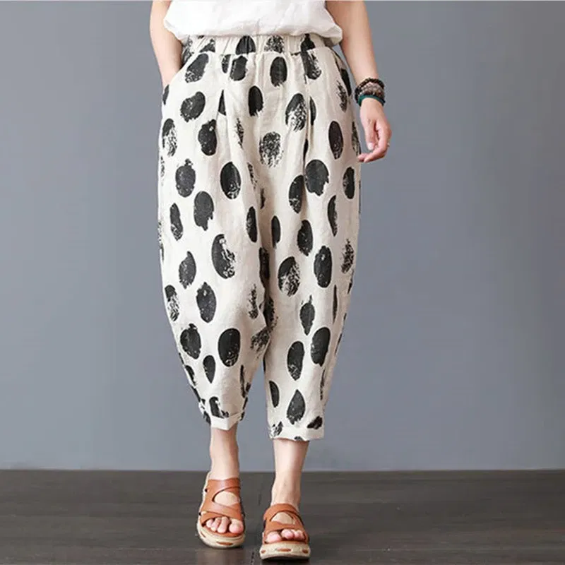 Color: black, Size: L - Cotton and Linen Pants for Women Summer Printing Harem Pants Female Mother Loose Retro Fashion Women's Ankle Length Pants