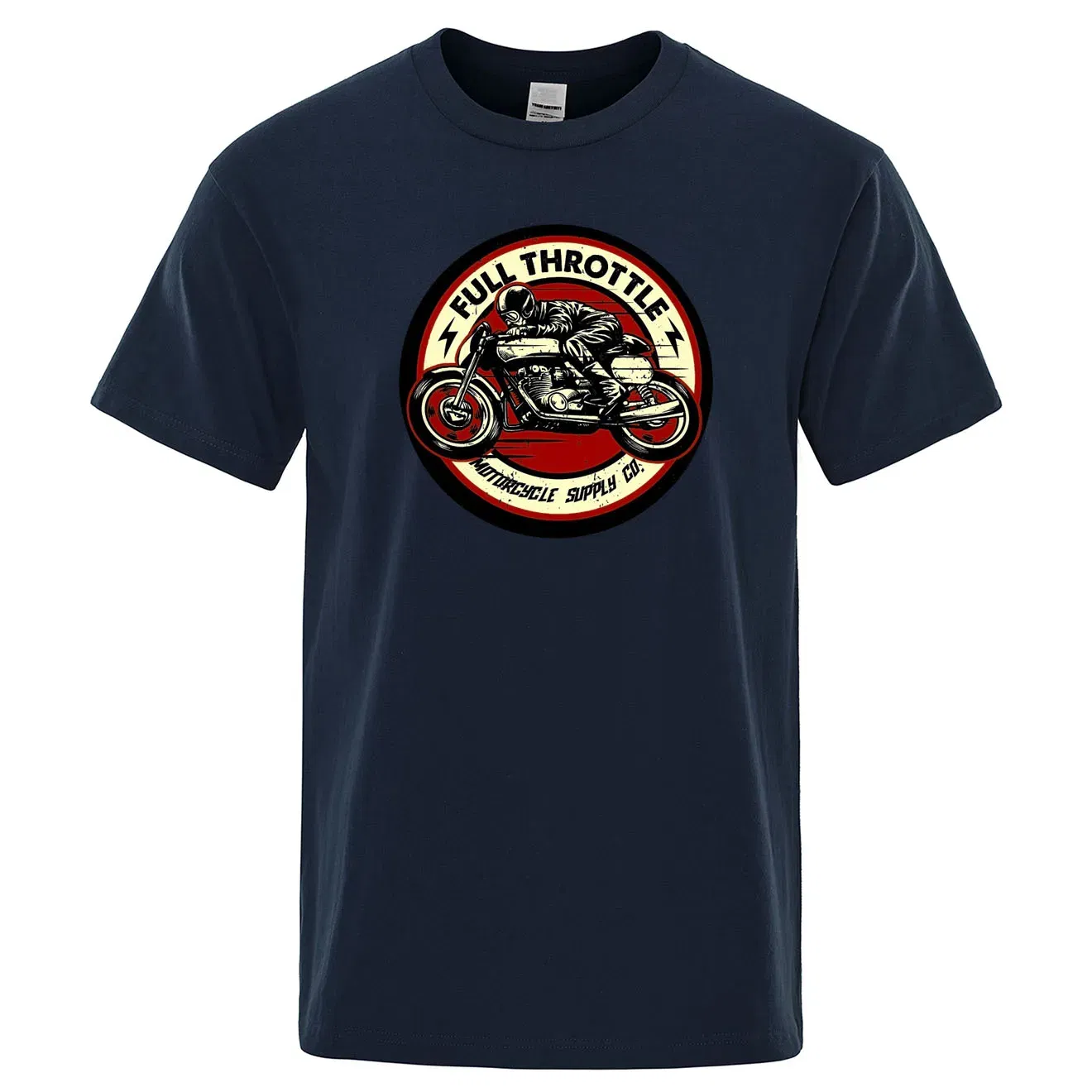 Color: Navy Blue, Size: L - Full Throttle Cafe Racer Rockabilly Biker Printed T-Shirt Men Fashion Casual Short Sleeve Loose Cotton Tshirt Summer Loose Tees