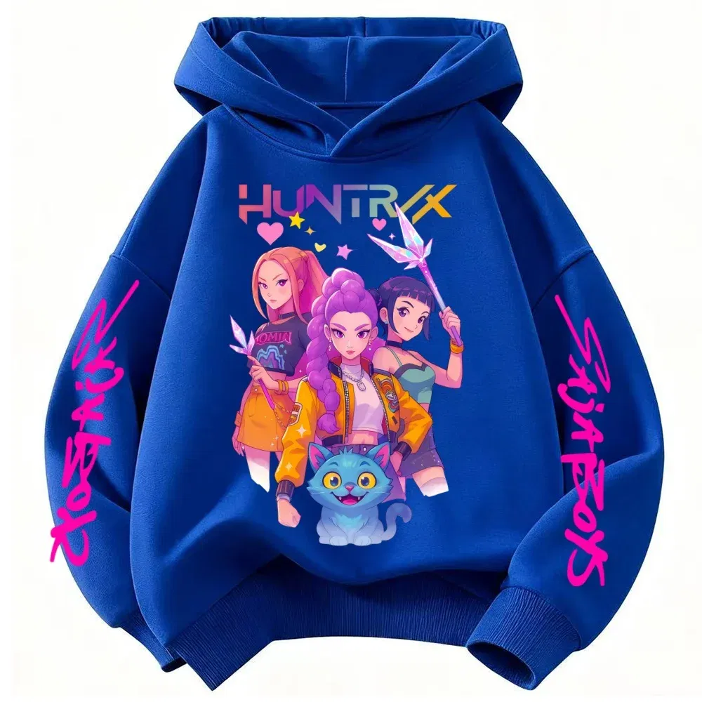 Color: Blue, Kid Size: 7 - Movie KPop Demon Hunters Rumi Mira Zoey Graphic Hoodie Men's Women Korean Fashion Trend Streetwear Unisex Casual Fleece Pullover