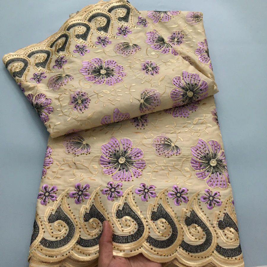 Color: BROWN, length: 5 yards, Width: 120cm - Green Nigerian Embroidered Cotton Lace Fabric 2025 High Quality 5 Yards African Swiss Lace Fabric Party Dress for Women A4210