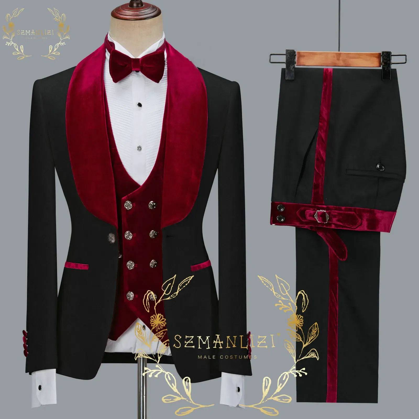 Color: MULTI, Size: 4XL - SZMANLIZI 2022 Latest Designs Black Floral Party Blazer Men Suits Costume Homme Groom Tuxedos Wedding Terno Masculino 3 Pieces