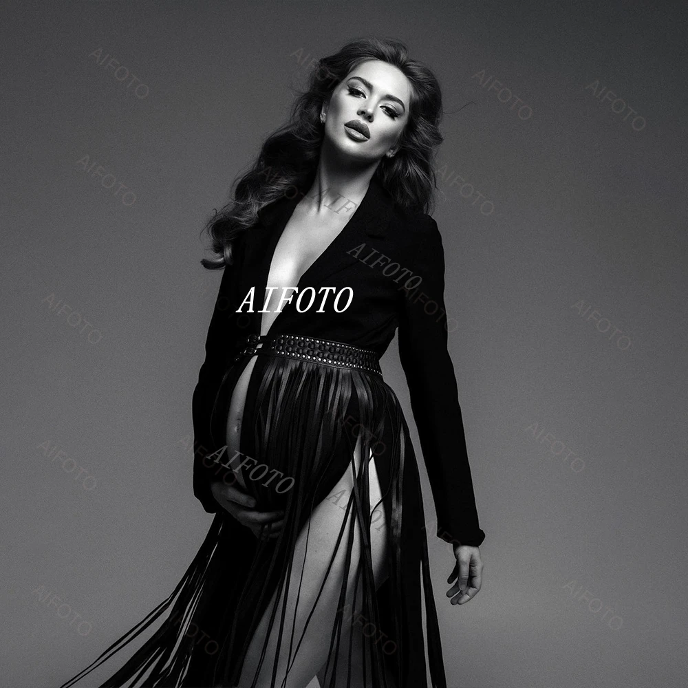 Color: black, Maternity Size: XL - Black Women's Suit Pregnancy Photoshoot Clothes Chic Outerwear Long Tassel Buckle Waist Belt Blazer Maternity Photography Outfit
