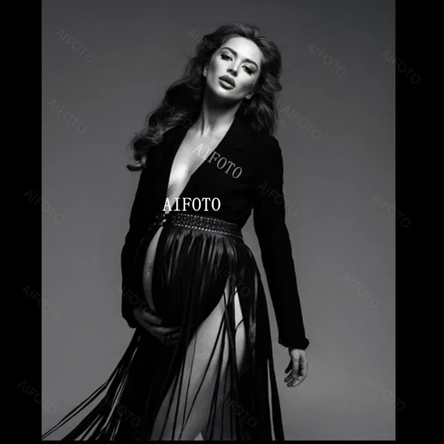Color: black, Maternity Size: XL - Black Women's Suit Pregnancy Photoshoot Clothes Chic Outerwear Long Tassel Buckle Waist Belt Blazer Maternity Photography Outfit