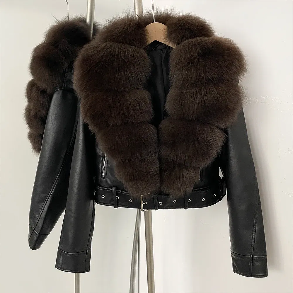 Color: Blue, Size: S - Fake Leather Coat New Natural Fox Fur Autumn Short Faux Leather Jacket Female Spring PU Women Long Sleeve Real Fur Coat Thin
