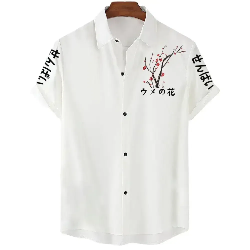 Color: Red, Size: XXL - Fashionable Luxury Social men's Shirt Lapel button-down Shirt Casual Japanese Aesthetic Cherry Blossom Print short-sleeved Tops