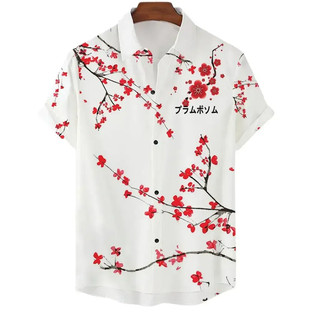 Color: Red, Size: XXL - Fashionable Luxury Social men's Shirt Lapel button-down Shirt Casual Japanese Aesthetic Cherry Blossom Print short-sleeved Tops