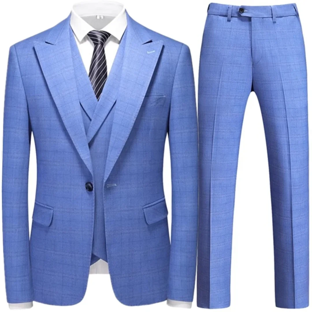 Color: Champagne, Size: 6XL - 3 Pcs Fashion New Men Leisure Boutique Business Plaid Striped Suit Vest Pants Set Casual Dress Blazers Jacket Coat Trosers