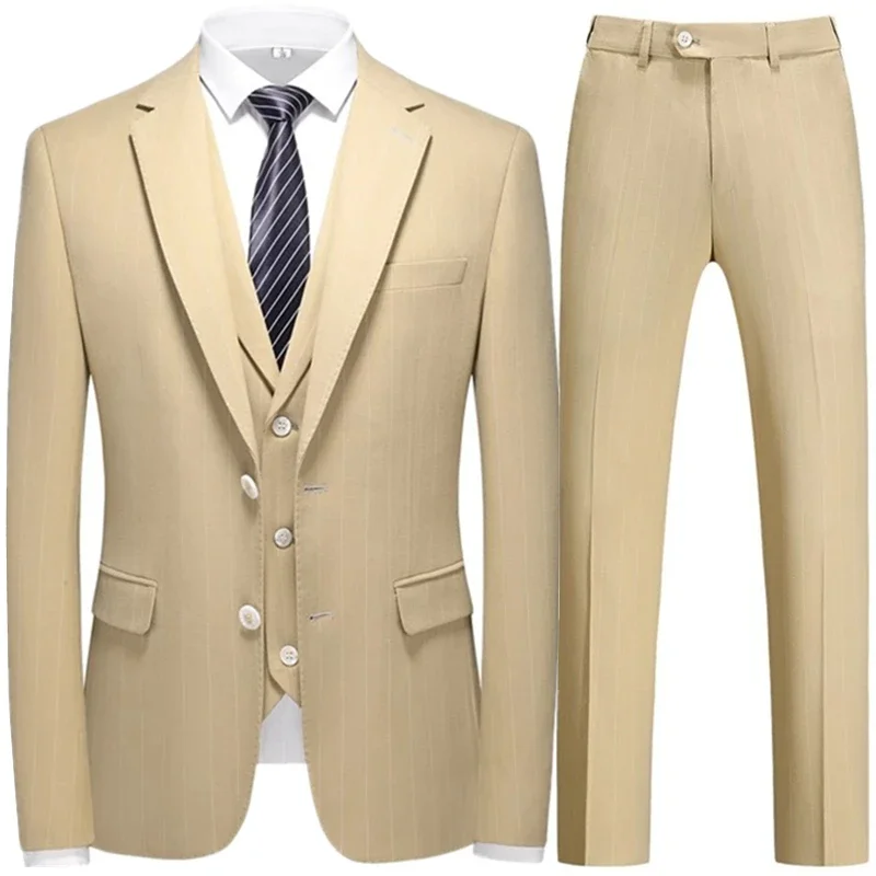 Color: Champagne, Size: 6XL - 3 Pcs Fashion New Men Leisure Boutique Business Plaid Striped Suit Vest Pants Set Casual Dress Blazers Jacket Coat Trosers