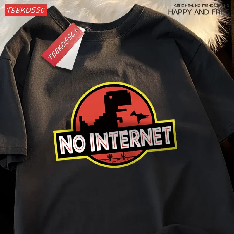 Color: Blue, Size: M - No Internet Fun Little Dinosaur Short Sleeve Mens Cartoons Cotton Tshirt Summer High Quality Clothing Fashion Oversize T-Shirts