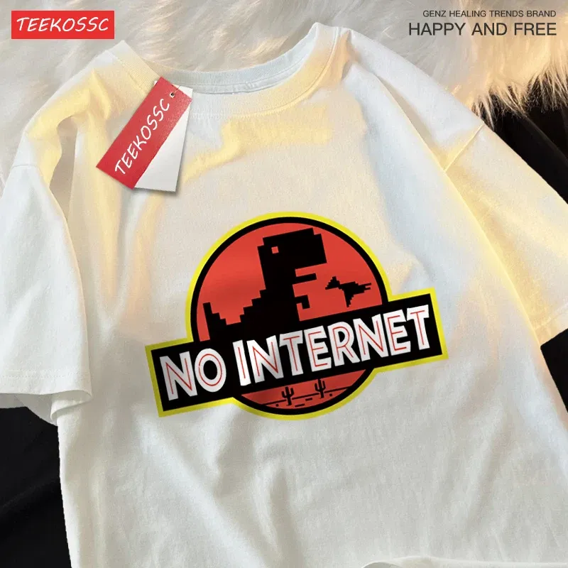Color: Blue, Size: M - No Internet Fun Little Dinosaur Short Sleeve Mens Cartoons Cotton Tshirt Summer High Quality Clothing Fashion Oversize T-Shirts