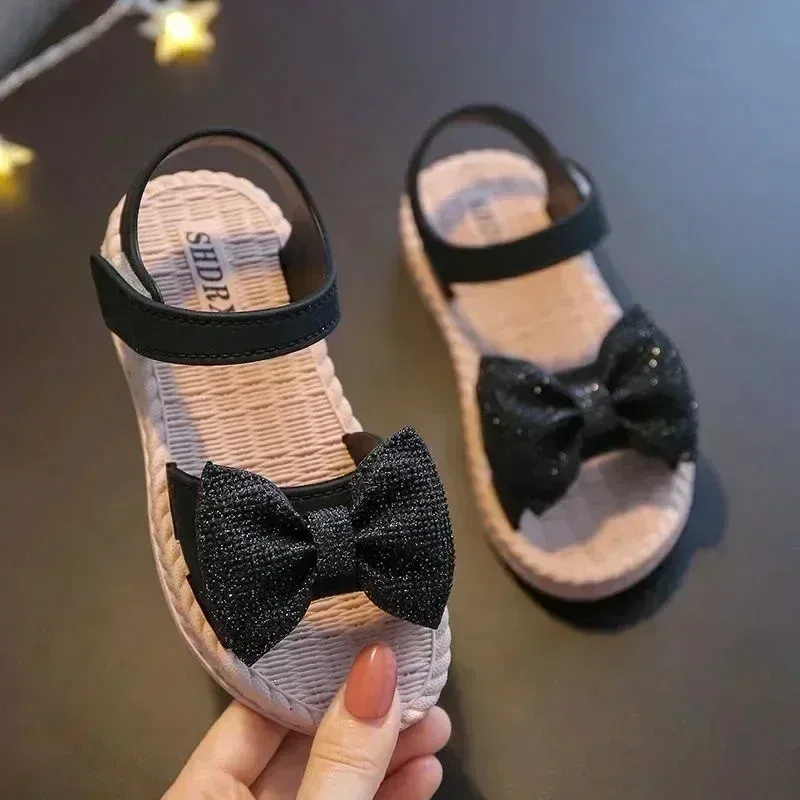 Color: Blue, Shoe Size: 6.5 - Girls Sandals 2024 Summer Princess Children Sandals Bow Tie Girl Shoes Fashion Casual Non Slip Kids Beach Shoes