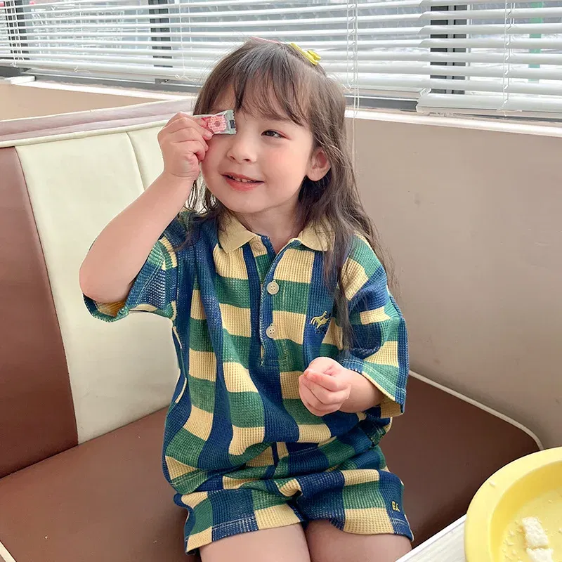 Color: Green, Kid Size: 6T - 2024 INS Children's T-shirt Summer Girls Korean Style Sweet and Cute Dress Polo Top Waffle Set Clothing