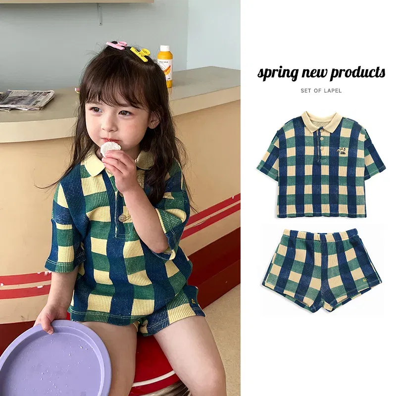 Color: Green, Kid Size: 6T - 2024 INS Children's T-shirt Summer Girls Korean Style Sweet and Cute Dress Polo Top Waffle Set Clothing