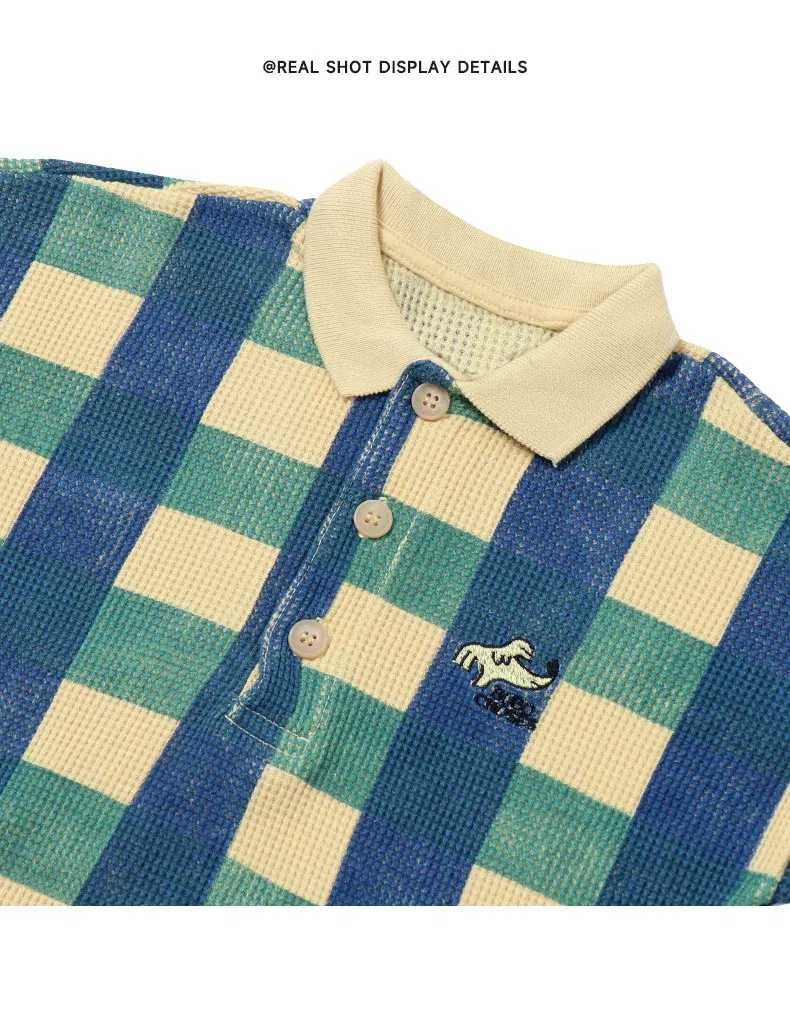 Color: Green, Kid Size: 6T - 2024 INS Children's T-shirt Summer Girls Korean Style Sweet and Cute Dress Polo Top Waffle Set Clothing