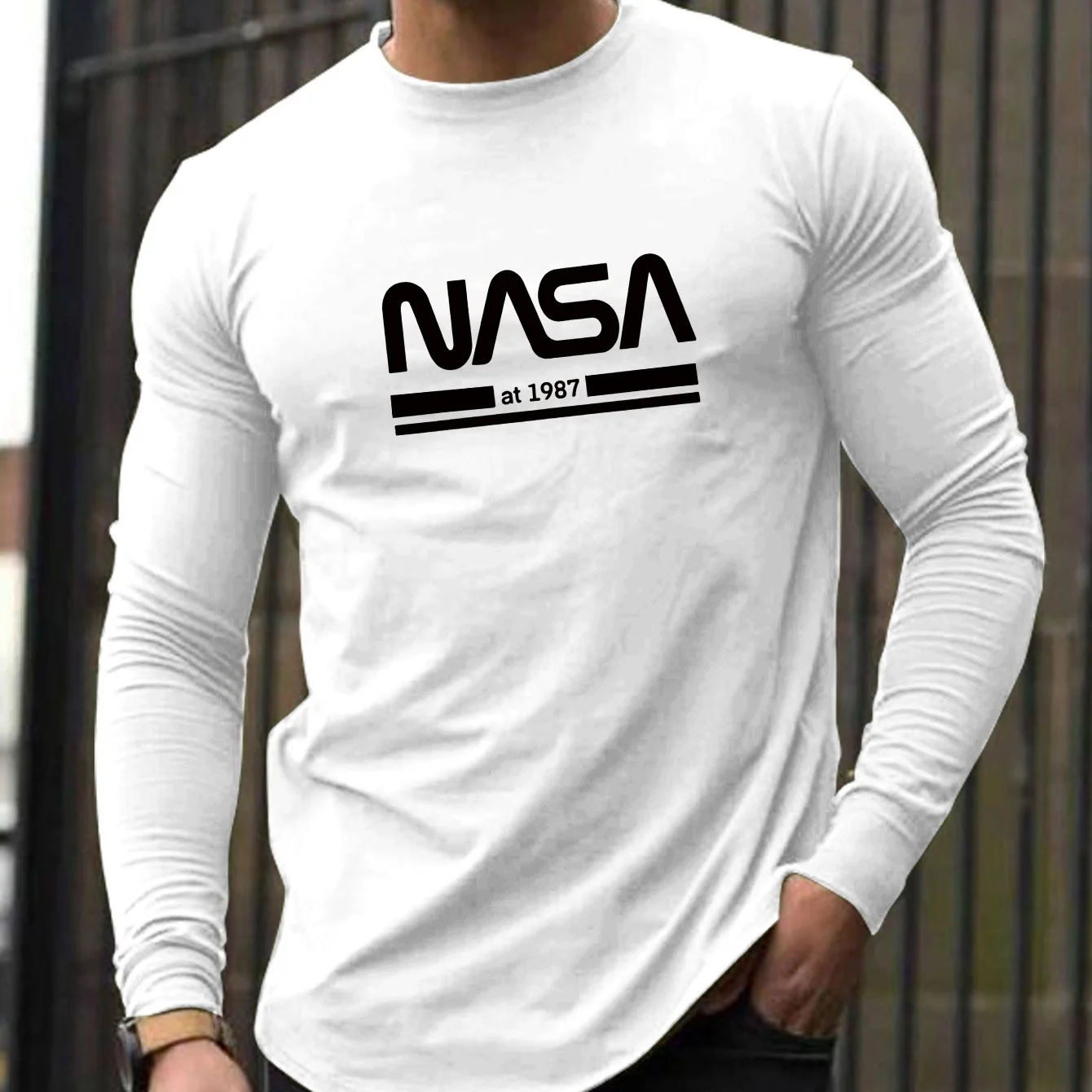 Color: black, Size: XXL - Men's Spring and Autumn 100% Cotton Loose Comfortable Casual NASA Letter Printed Round Neck Long Sleeve T-shirt