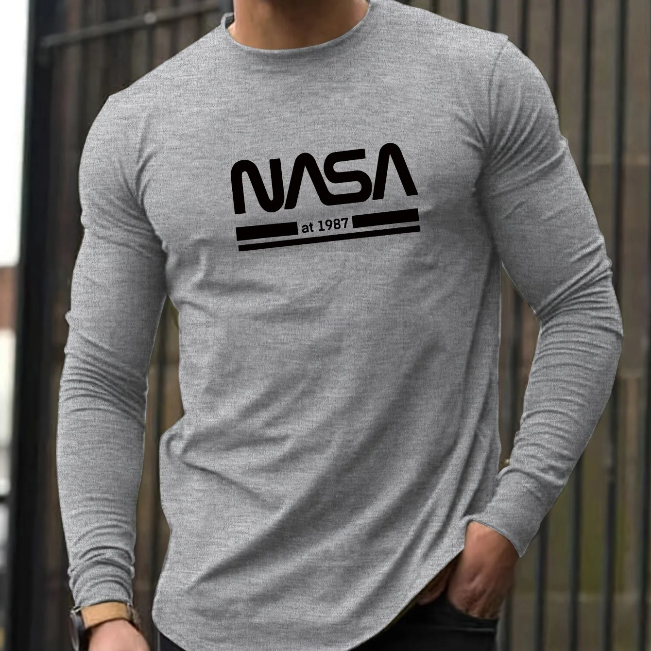 Color: black, Size: XXL - Men's Spring and Autumn 100% Cotton Loose Comfortable Casual NASA Letter Printed Round Neck Long Sleeve T-shirt