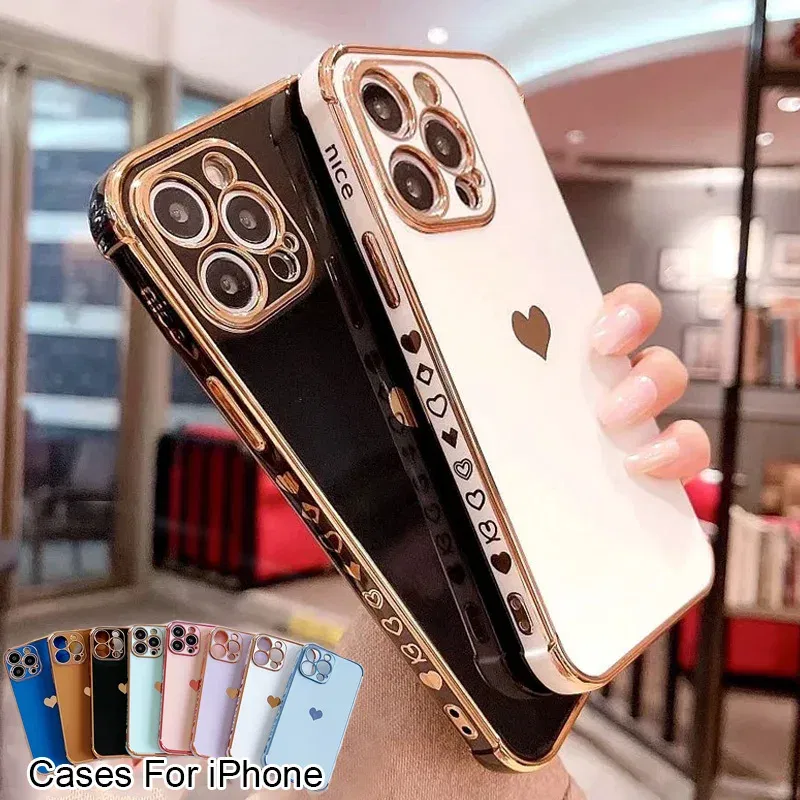 Color: Orange, Compatible-Phone Models: For iPhone 15 Plus, Ships From: CN - Electroplating Side Love Heart Phone Case For IPhone 17 16 15 14 13 12 11 Pro Max XR 8 Plus SE2/SE3 Shockproof Back Cover