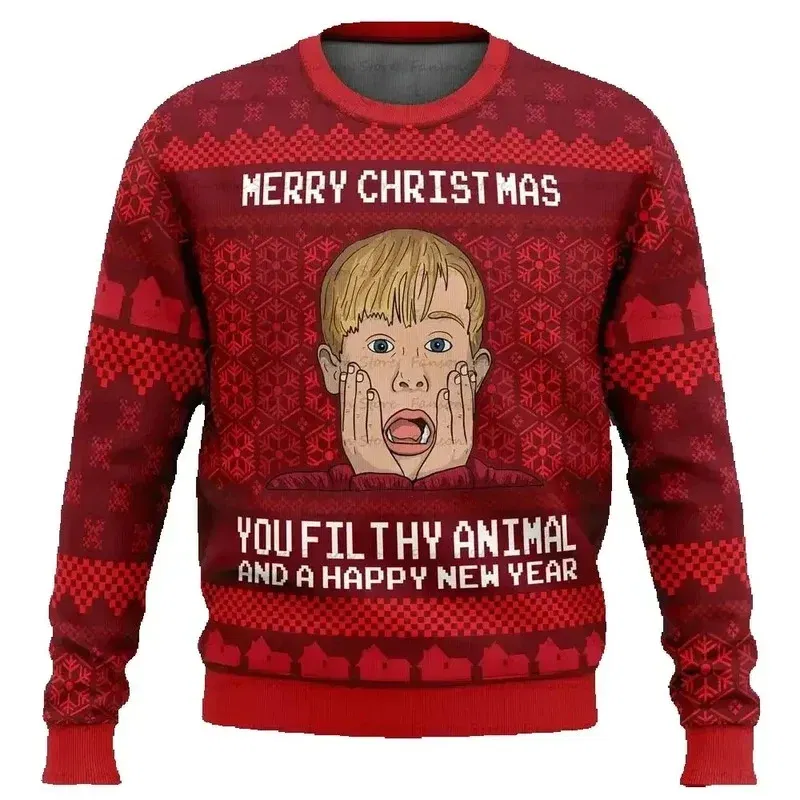 Color: Yellow, Size: XL, Ships From: CHINA - Merry Christmas alone at home Ugly Christmas sweater cartoon animation Men's pullover 2026 fashionable couple shirts Sweatshirt