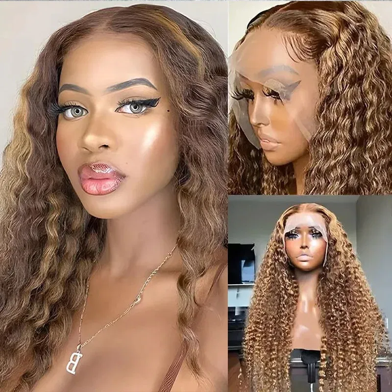 Color: #1, , Stretched Length: 8inches, Density: 190% - Highlight colored 13x6 hd lace frontal human hair deep wave wig for women brazilian glueless curly cheap wigs on sale clearance