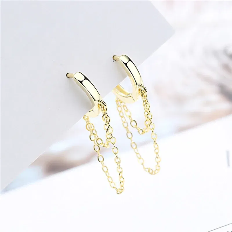 Metal Color: BROWN - Silver Color Punk Style Double Layer Chain Hoop Earring For Women Gold Color Ear Jewelry 2022 New Earrings