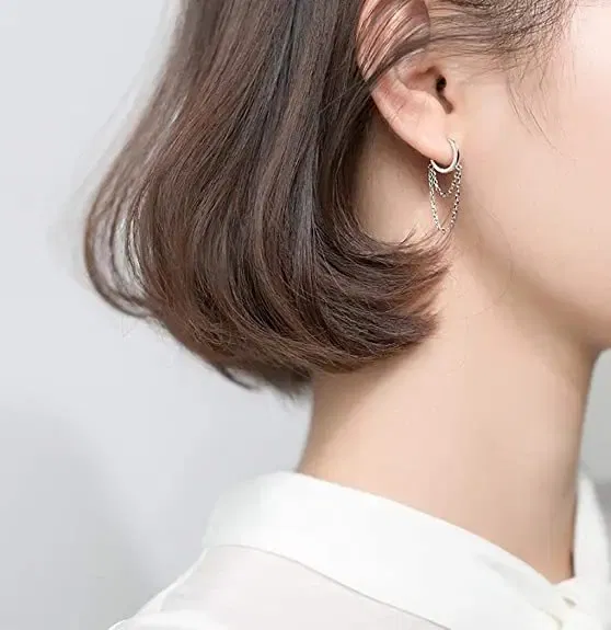 Metal Color: BROWN - Silver Color Punk Style Double Layer Chain Hoop Earring For Women Gold Color Ear Jewelry 2022 New Earrings