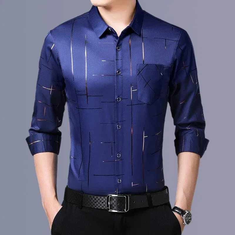 Color: Navy Blue, Size: S - Men's Casual and Fashionable Long Sleeved Printed Shirt, Non Ironing and Wrinkle Resistant Business Top