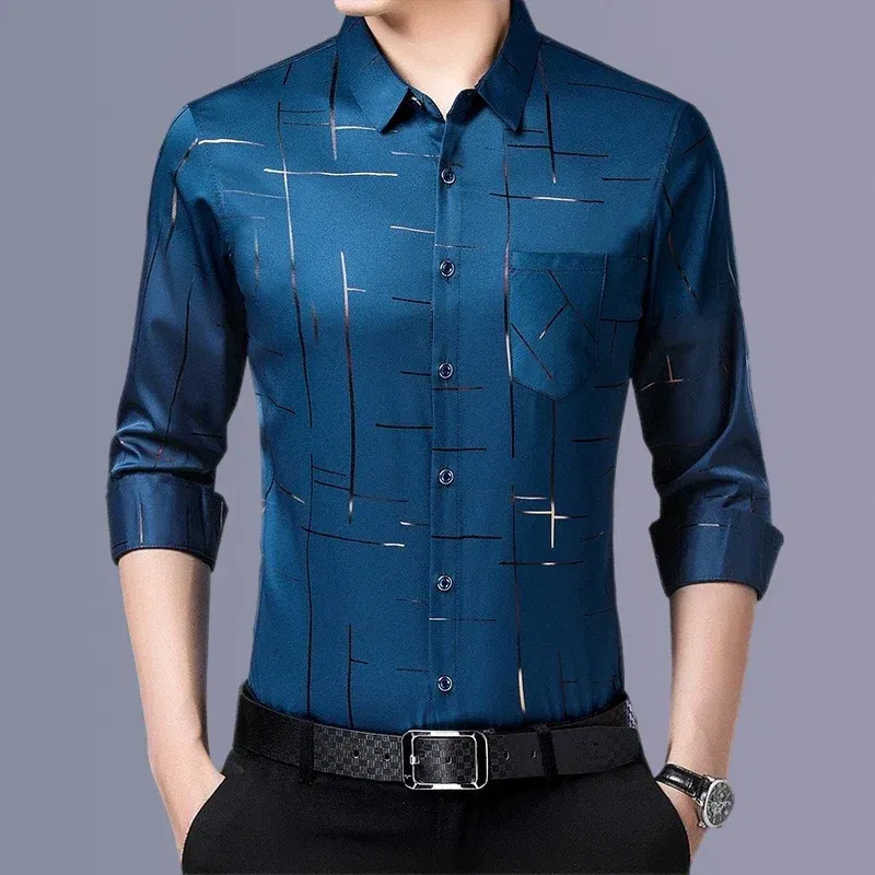 Color: Navy Blue, Size: S - Men's Casual and Fashionable Long Sleeved Printed Shirt, Non Ironing and Wrinkle Resistant Business Top