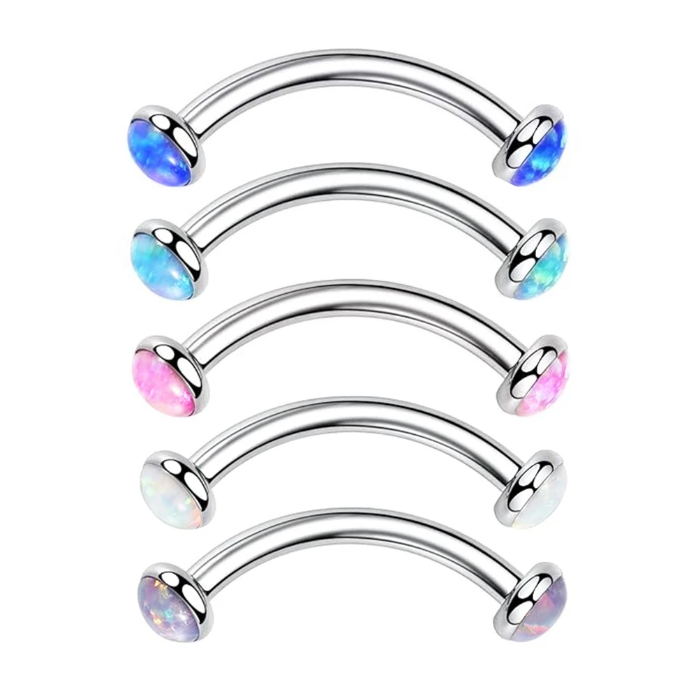 Metal color: Blue, Main Stone Color: green - 3/4/5mm Opal Steel Eyebrow Ring Internally Threaded 6mm -14mm Bar Curved Barbell Monroe Lip Stud Ear Tragus Piercing